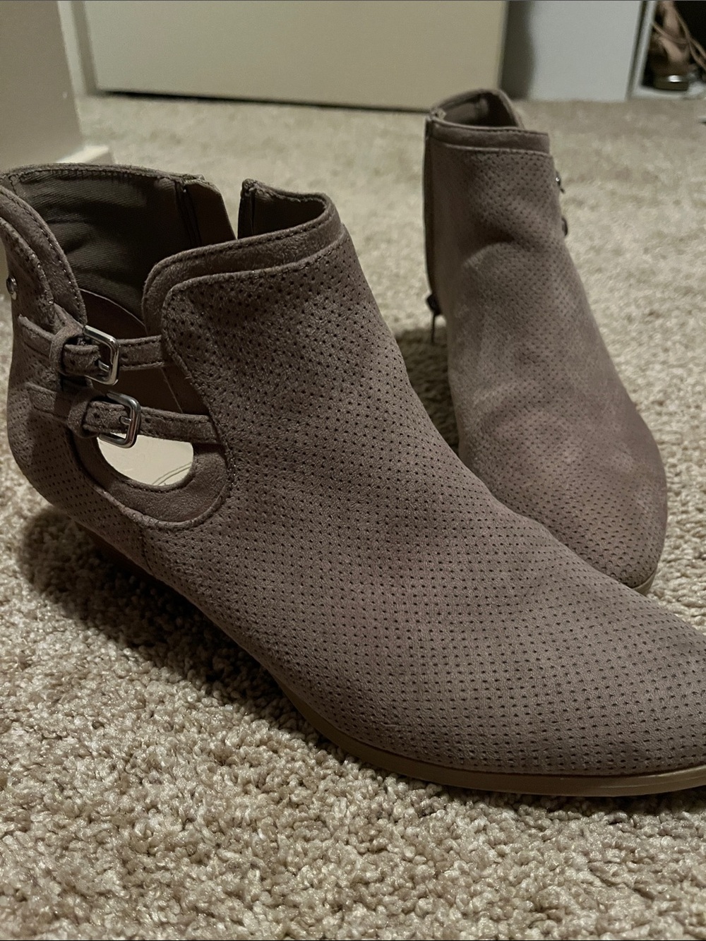 Dana Buchman Taupe Perforated Ankle Booties with Double Buckle